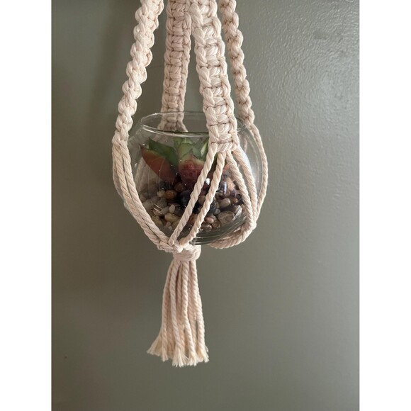 Handmade Hanging Macrame Plant Hanger with Faux Succulent in Glass Jar - Picture 4 of 6